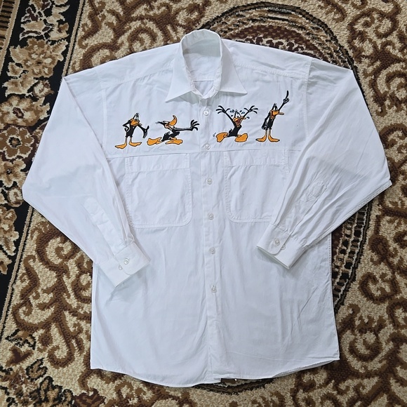 Vintage Other - Retro 90s Looney Toons Daffy Duck White Cotton Button Up Shirt Vintage 1990s